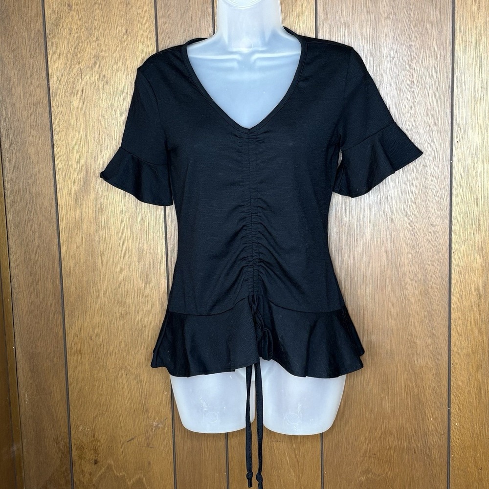 Juicy Couture Top Women S Black Ruched Tie Front Peplum Ruffle Sleeve Coquette